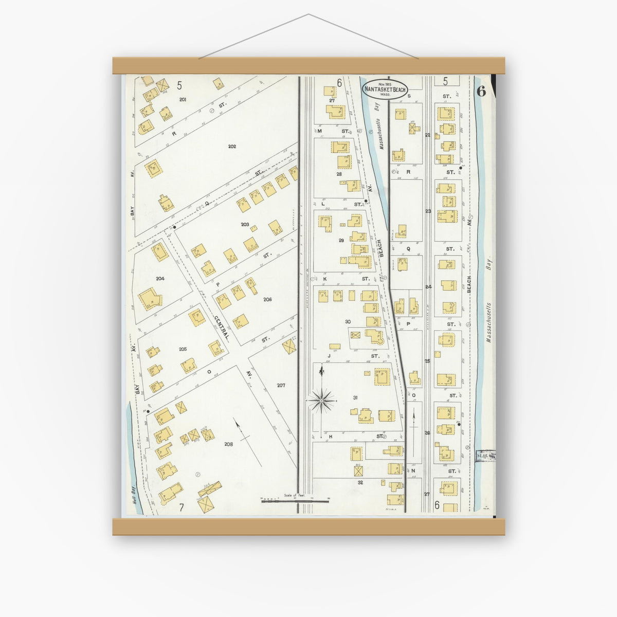 Old map wall art mockup — magnetic wood frame on white wall — Sanborn Fire Insurance Map from Nantasket Beach, Plymouth County, Massachusetts (1903), Sheet #0006