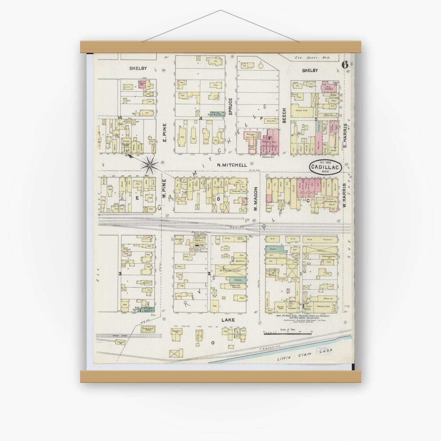 Old map wall art mockup — magnetic wood frame on white wall — Sanborn Fire Insurance Map from Cadillac, Wexford County, Michigan (1890), Sheet #0006
