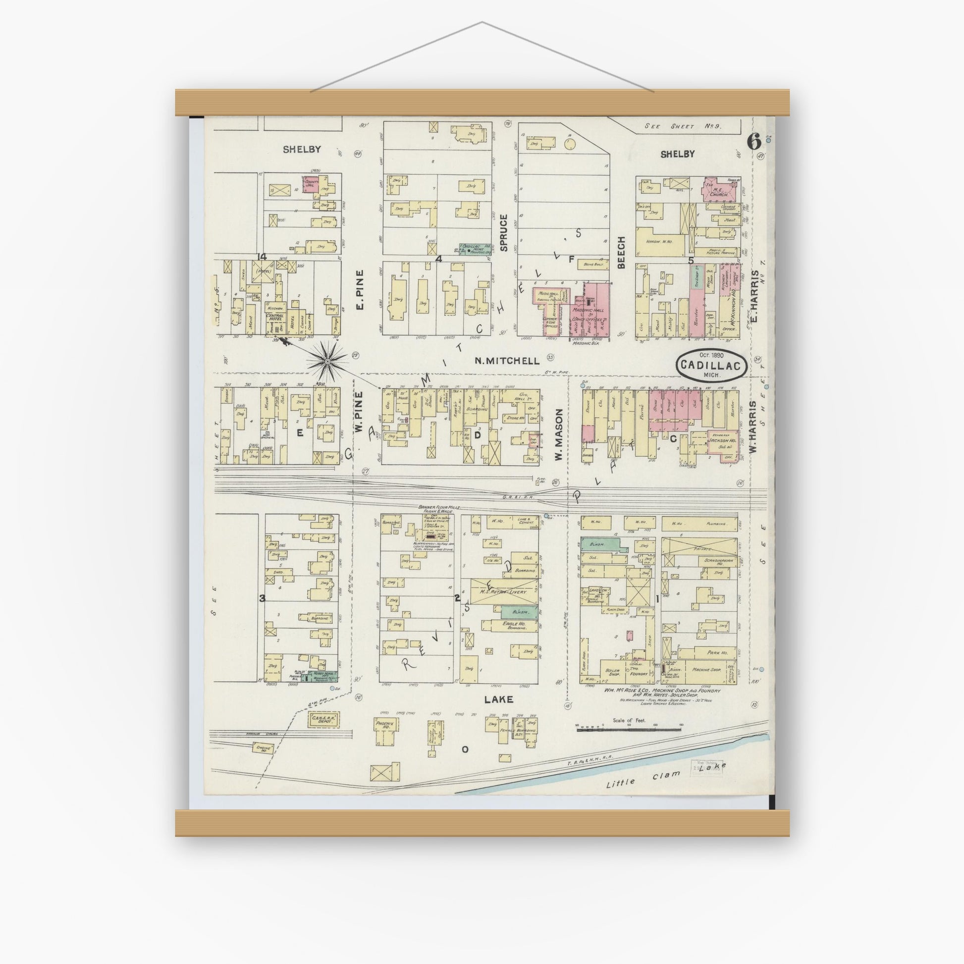 Old map wall art mockup — magnetic wood frame on white wall — Sanborn Fire Insurance Map from Cadillac, Wexford County, Michigan (1890), Sheet #0006