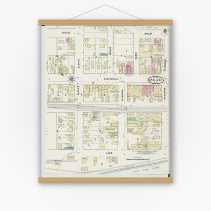 Old map wall art mockup — magnetic wood frame on white wall — Sanborn Fire Insurance Map from Cadillac, Wexford County, Michigan (1890), Sheet #0006