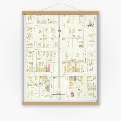 Old map wall art mockup — magnetic wood frame on white wall — Sanborn Fire Insurance Map from Manton, Wexford County, Michigan (1910), Sheet #0002