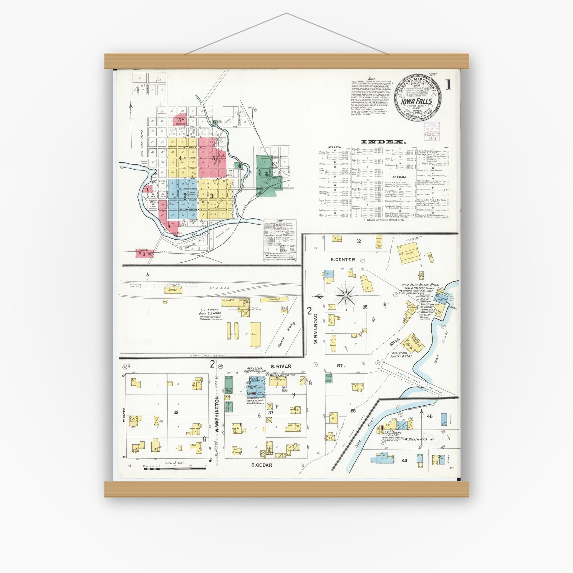Old map wall art mockup — magnetic wood frame on white wall — Sanborn Fire Insurance Map from Iowa Falls, Hardin County, Iowa (1902) â€” Complete Set