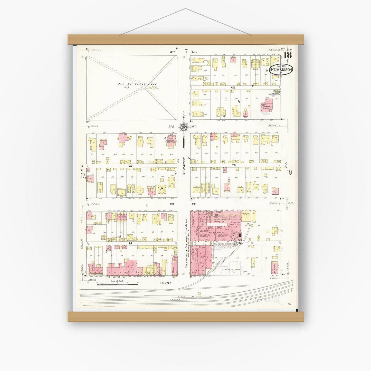 Old map wall art mockup — magnetic wood frame on white wall — Sanborn Fire Insurance Map from Fort Madison, Lee County, Iowa (1913), Sheet #0018