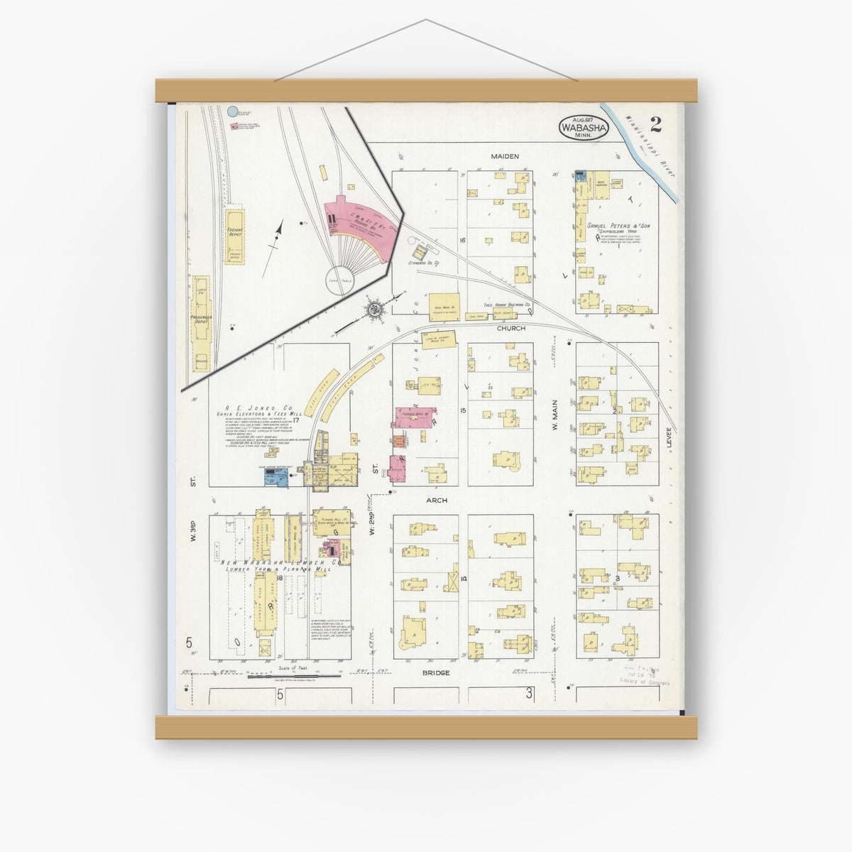Old map wall art mockup — magnetic wood frame on white wall — Sanborn Fire Insurance Map from Wabasha, Wabasha County, Minnesota (1917), Sheet #0002