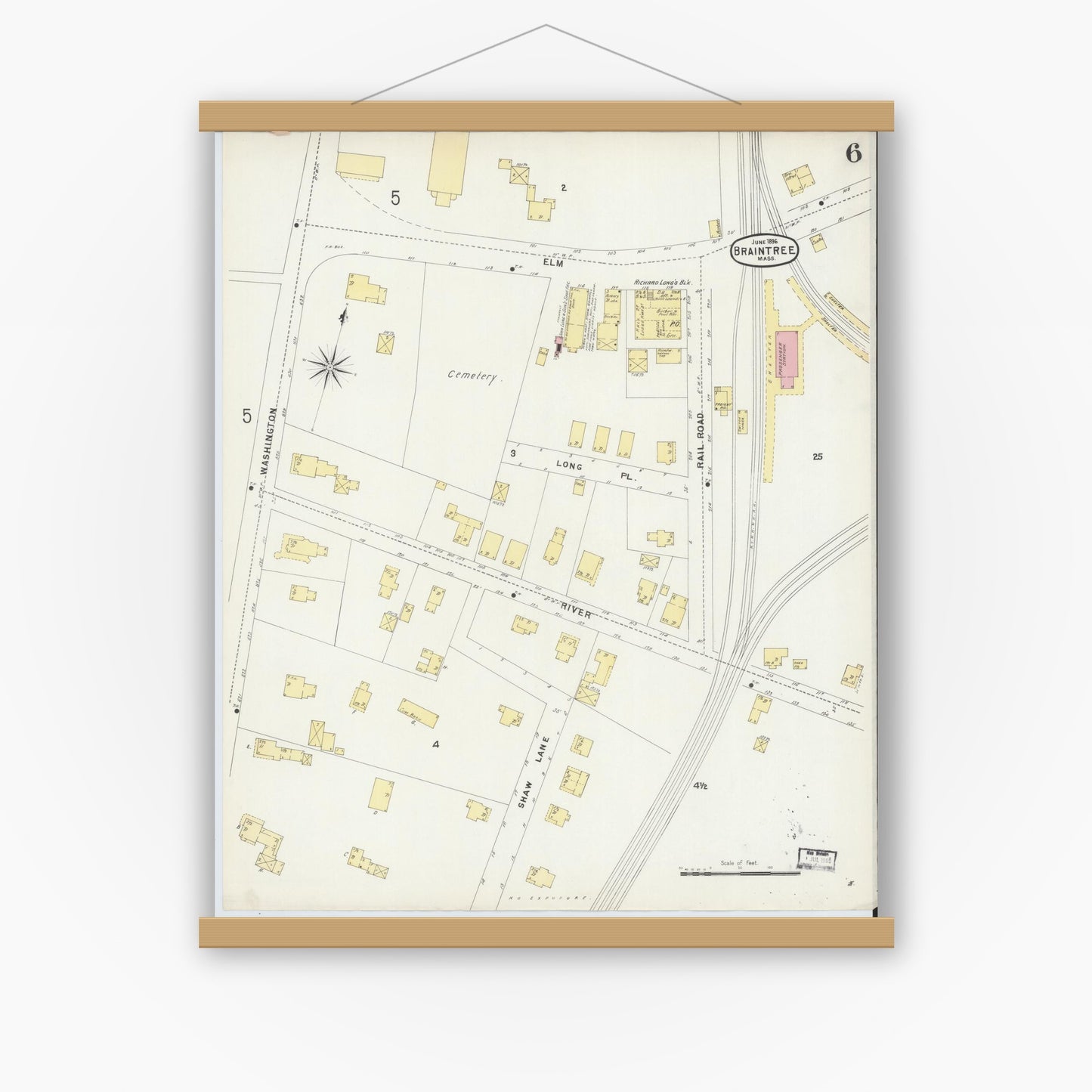 Old map wall art mockup — magnetic wood frame on white wall — Sanborn Fire Insurance Map from Braintree, Norfolk County, Massachusetts (1896), Sheet #0006