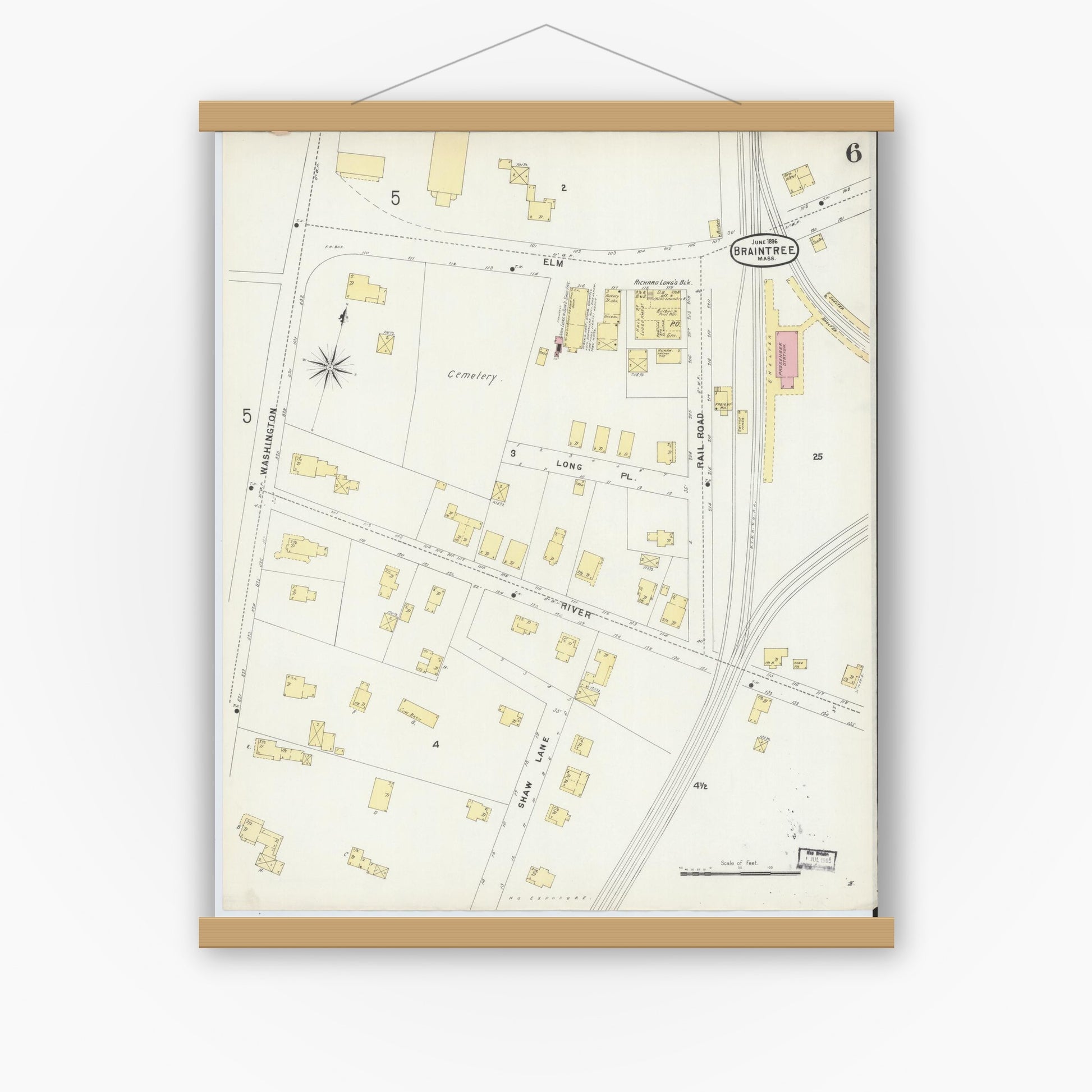 Old map wall art mockup — magnetic wood frame on white wall — Sanborn Fire Insurance Map from Braintree, Norfolk County, Massachusetts (1896), Sheet #0006