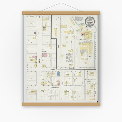 Old map wall art mockup — magnetic wood frame on white wall — Sanborn Fire Insurance Map from Douglas, Allegan County, Michigan (1910), Sheet #0001