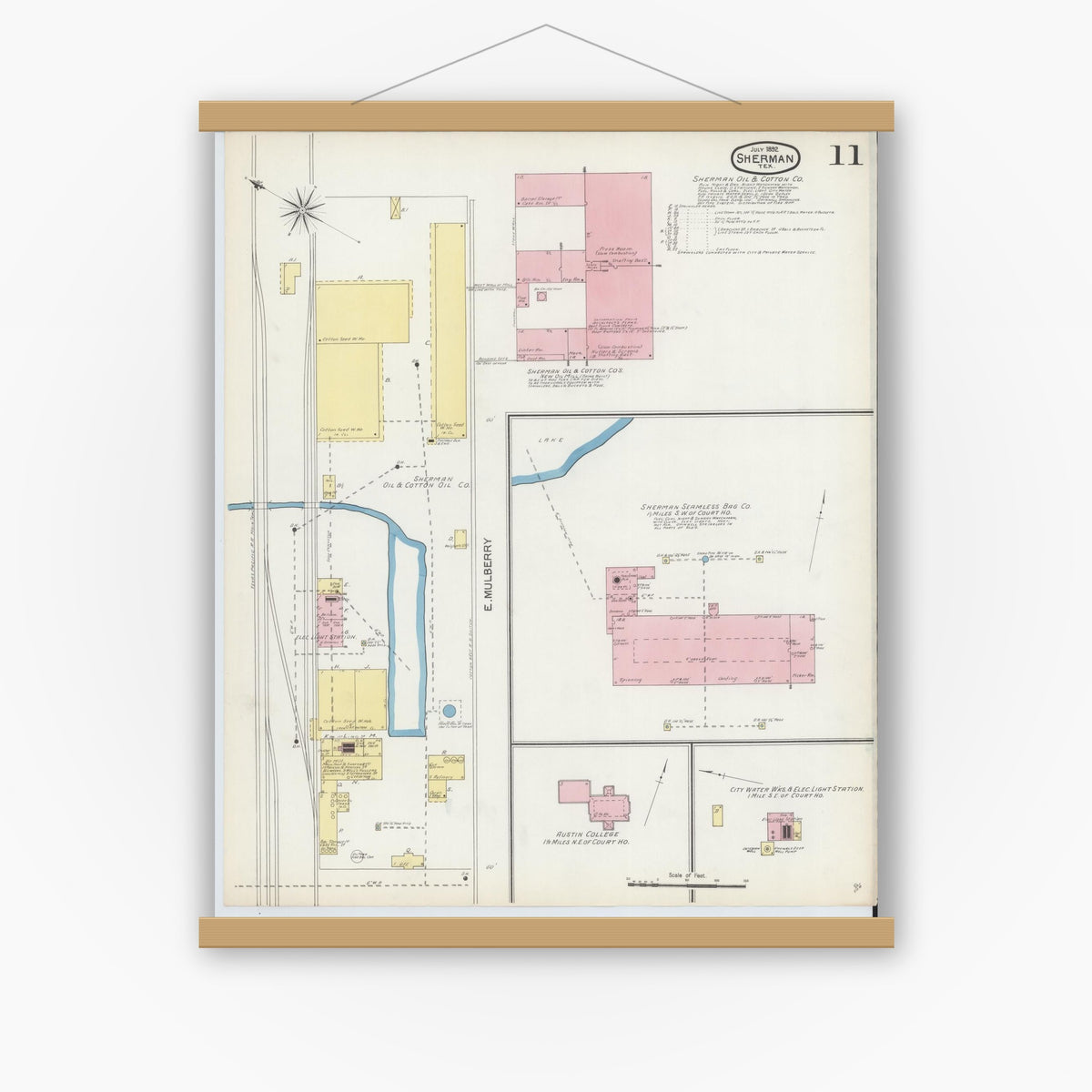 Old map wall art mockup — magnetic wood frame on white wall — Sanborn Fire Insurance Map from Sherman, Grayson County, Texas (1892), Sheet #0011