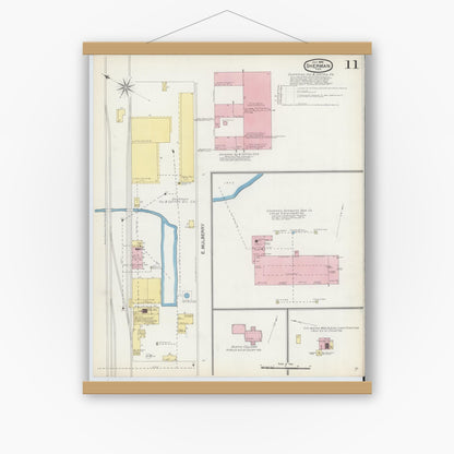 Old map wall art mockup — magnetic wood frame on white wall — Sanborn Fire Insurance Map from Sherman, Grayson County, Texas (1892), Sheet #0011