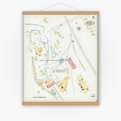 Old map wall art mockup — magnetic wood frame on white wall — Sanborn Fire Insurance Map from Bridgewater, Plymouth County, Massachusetts (1901), Sheet #0005