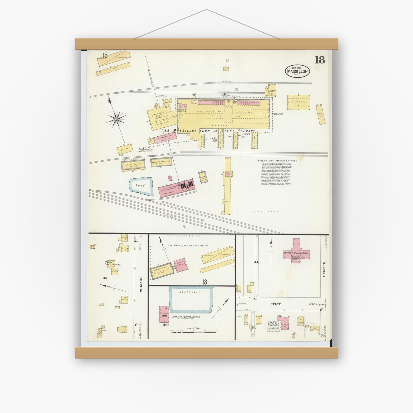 Old map wall art mockup — magnetic wood frame on white wall — Sanborn Fire Insurance Map from Massillon, Stark County, Ohio (1908), Sheet #0018