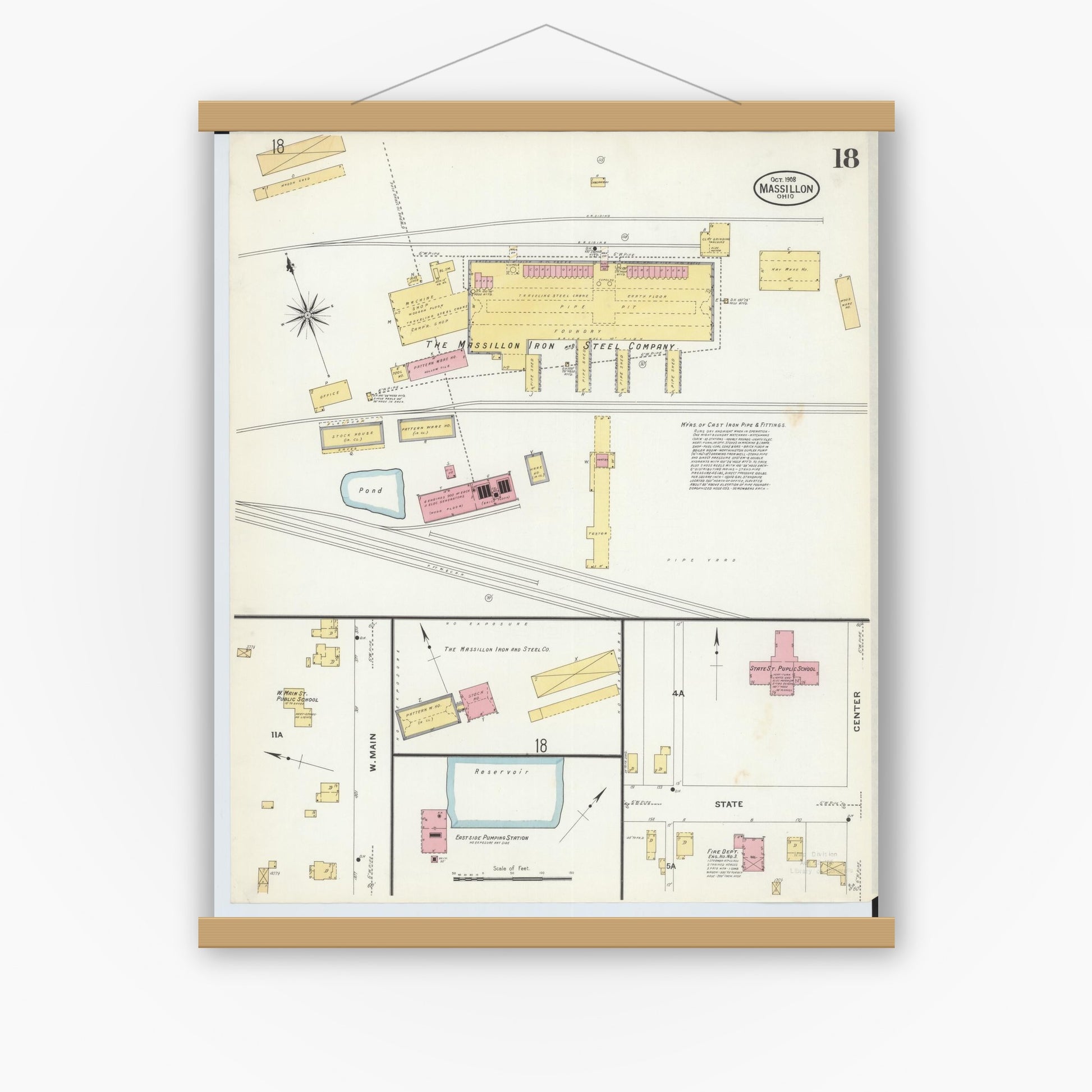 Old map wall art mockup — magnetic wood frame on white wall — Sanborn Fire Insurance Map from Massillon, Stark County, Ohio (1908), Sheet #0018