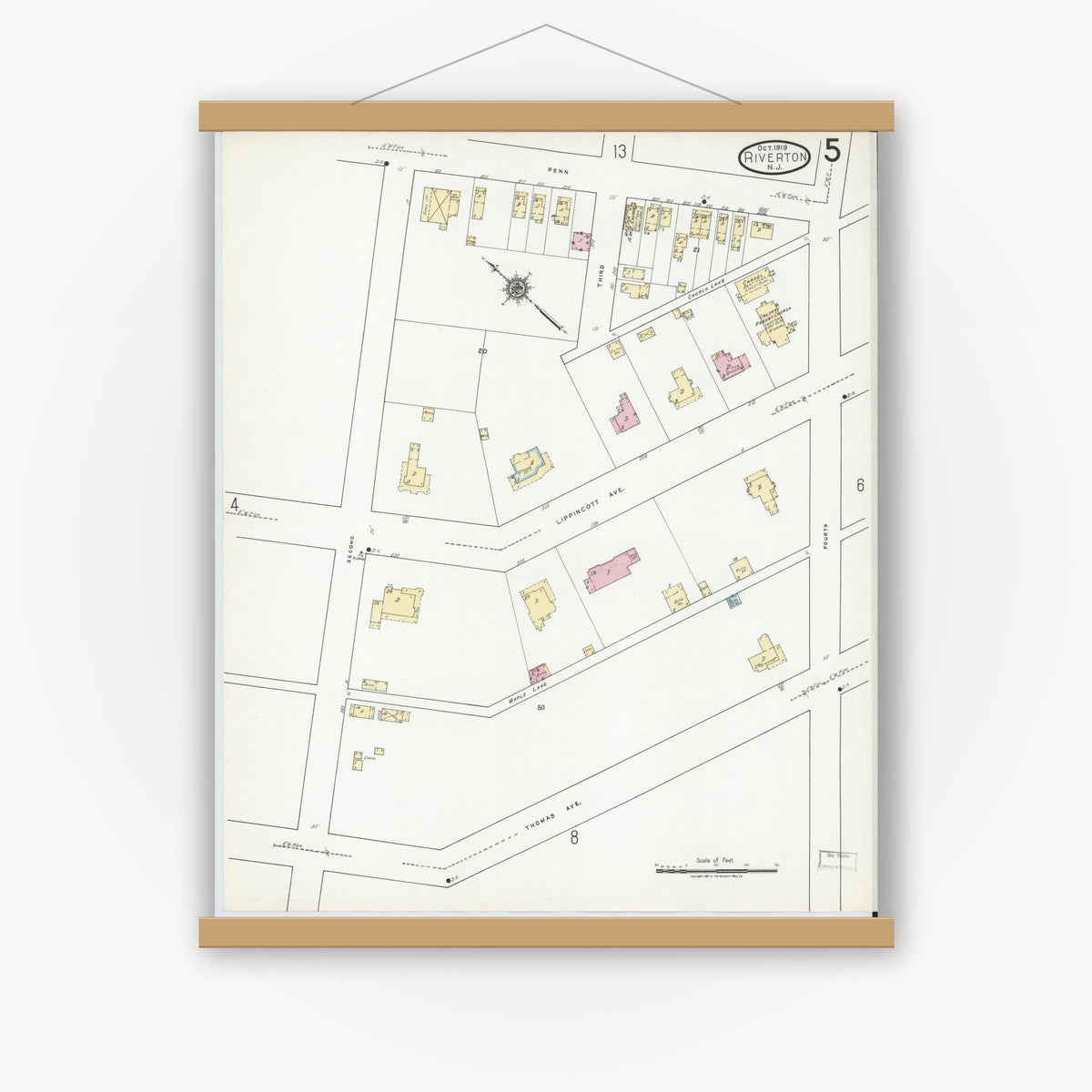 Old map wall art mockup — magnetic wood frame on white wall — Sanborn Fire Insurance Map from Riverton, Burlington County, New Jersey (1919), Sheet #0005