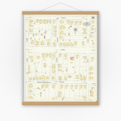 Old map wall art mockup — magnetic wood frame on white wall — Sanborn Fire Insurance Map from Salisbury, Rowan County, North Carolina (1907), Sheet #0014