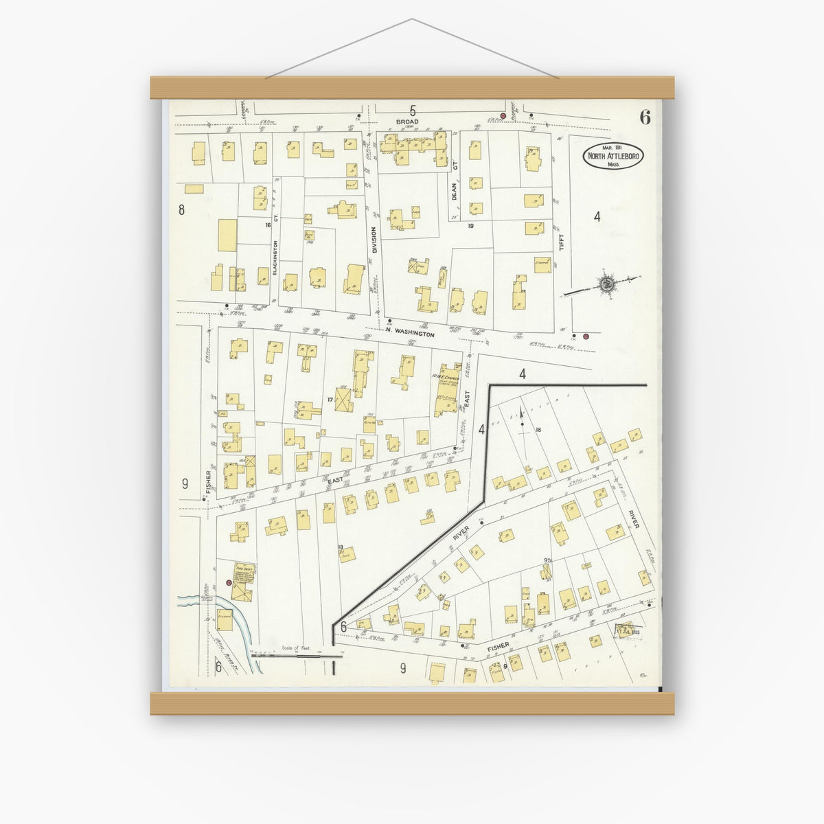 Old map wall art mockup — magnetic wood frame on white wall — Sanborn Fire Insurance Map from North Attleborough, Bristol County, Massachusetts (1911), Sheet #0006