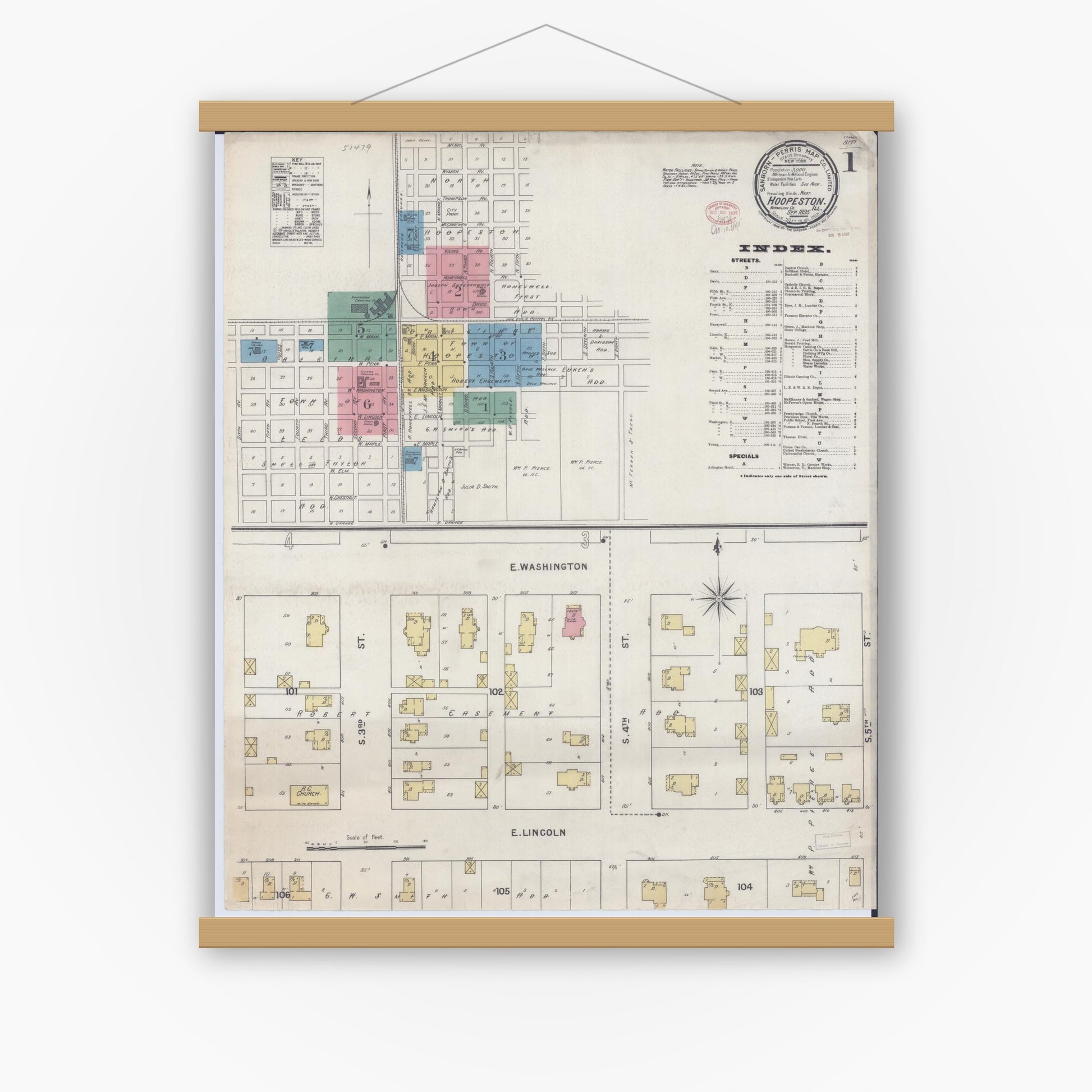 Old map wall art mockup — magnetic wood frame on white wall — Sanborn Fire Insurance Map from Hoopeston, Vermilion County, Illinois (1895) - Complete Map Set