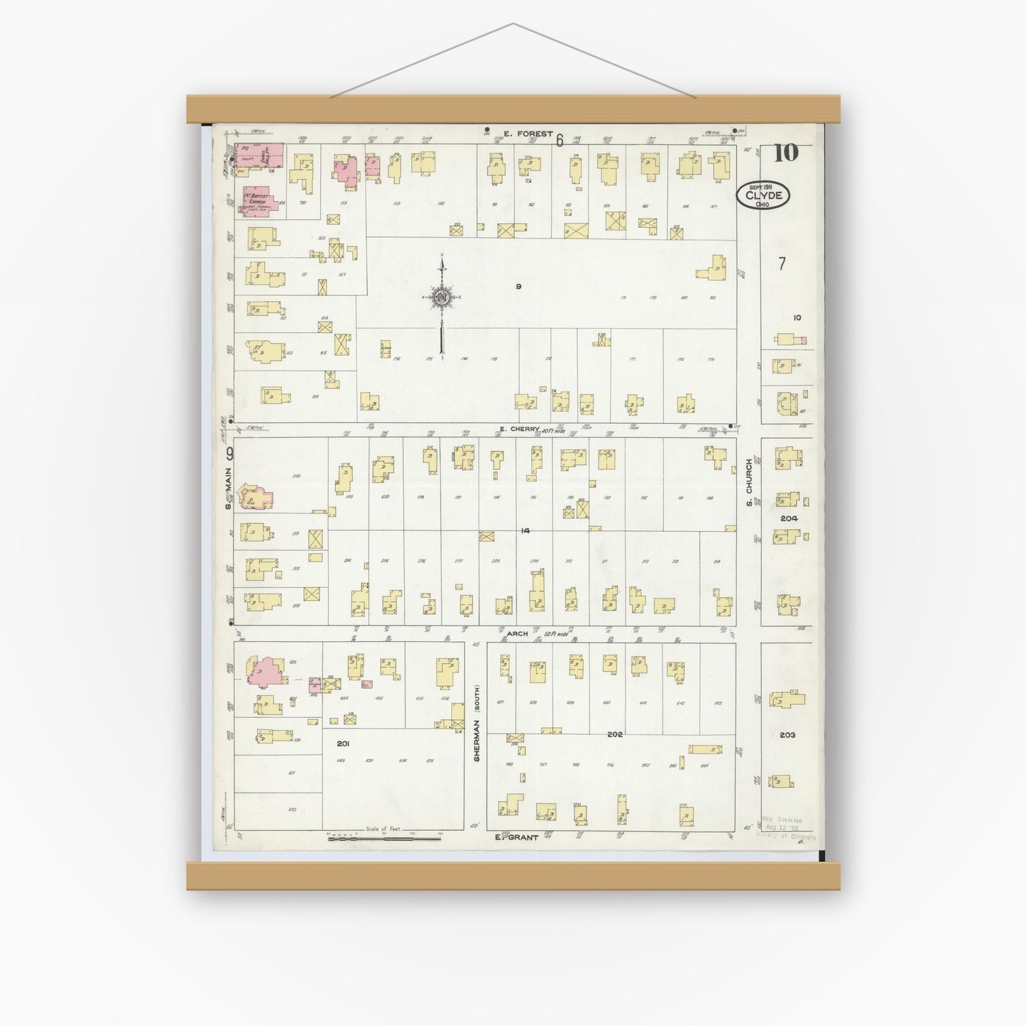 Old map wall art mockup — magnetic wood frame on white wall — Sanborn Fire Insurance Map from Clyde, Sandusky County, Ohio (1911), Sheet #0010
