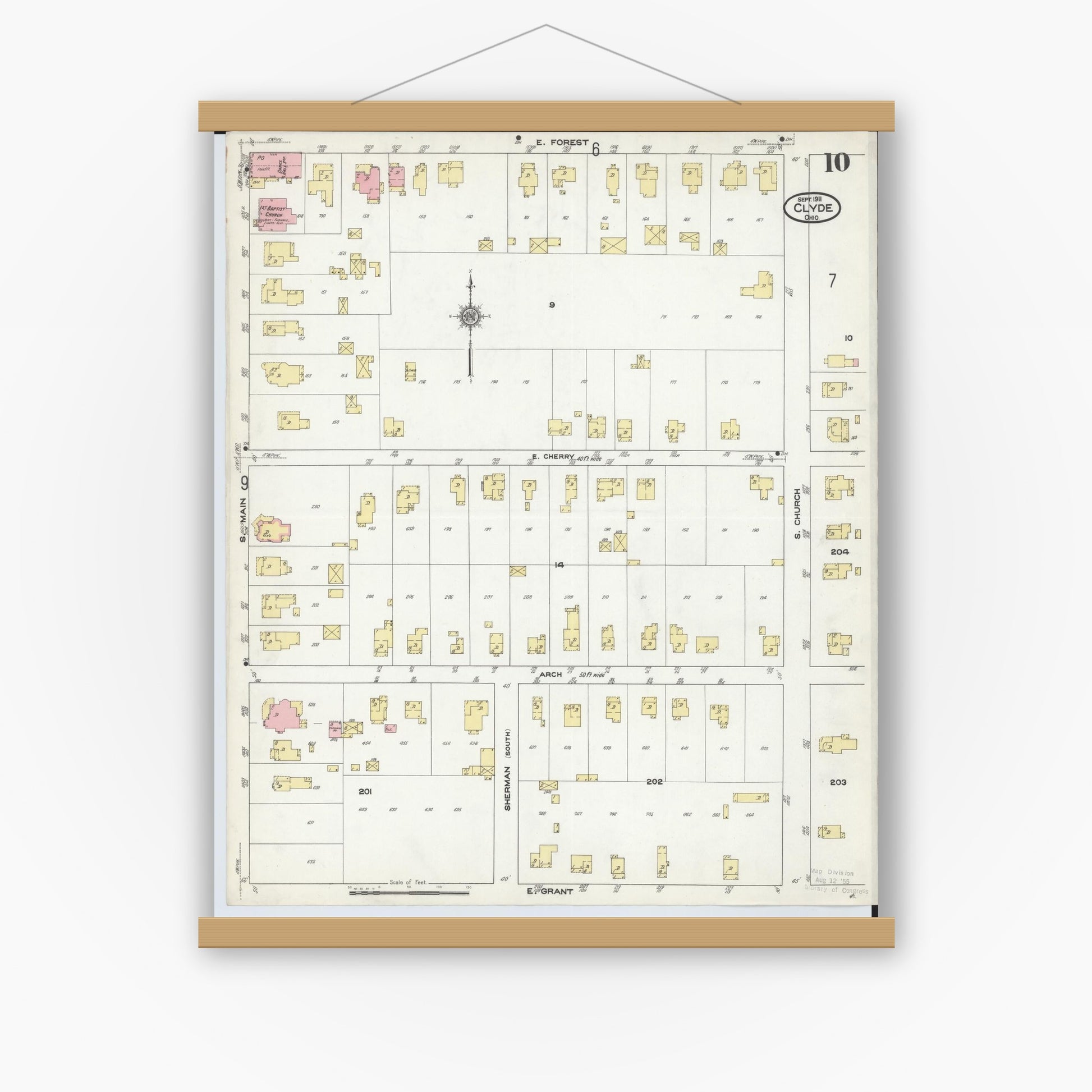 Old map wall art mockup — magnetic wood frame on white wall — Sanborn Fire Insurance Map from Clyde, Sandusky County, Ohio (1911), Sheet #0010