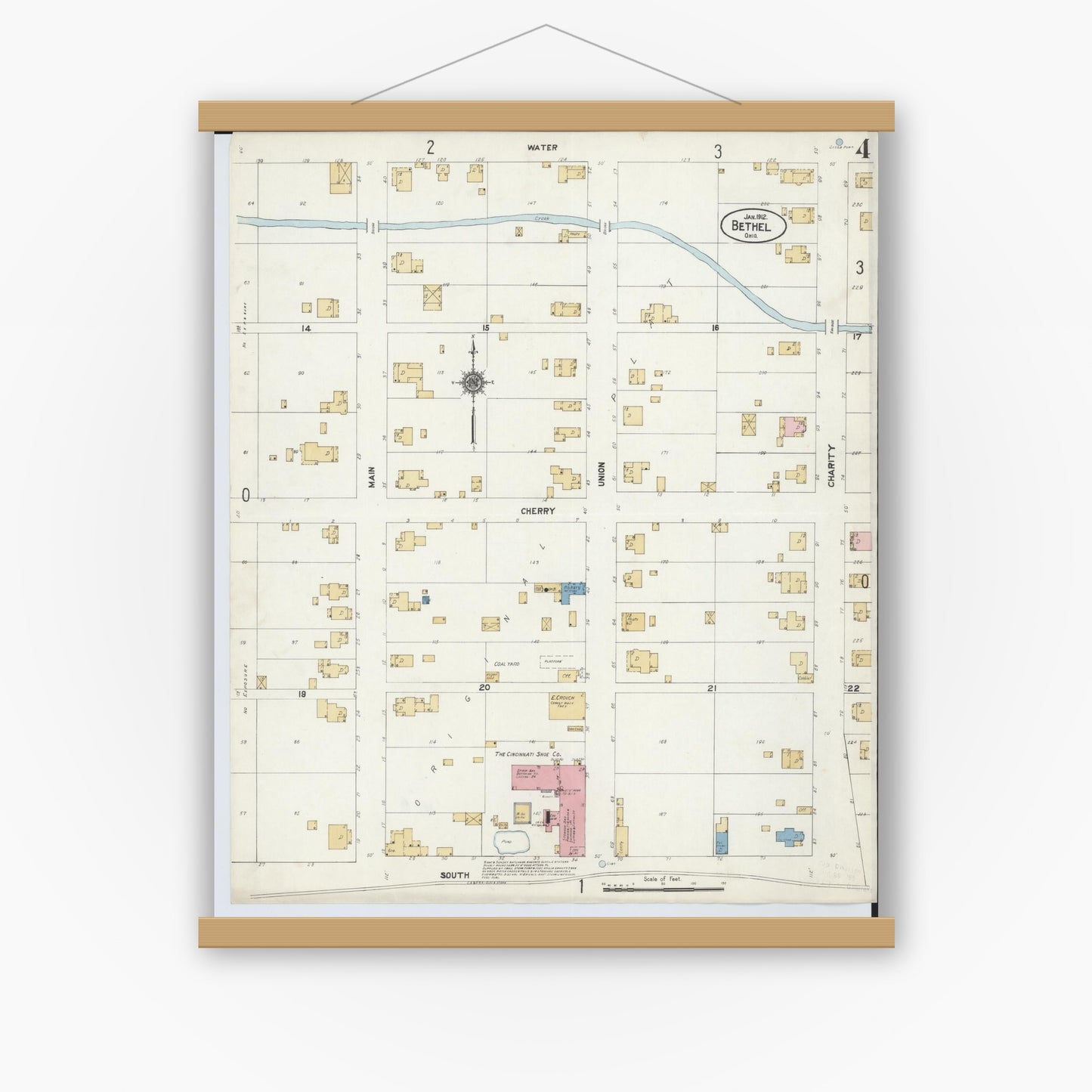 Old map wall art mockup — magnetic wood frame on white wall — Sanborn Fire Insurance Map from Bethel, Clermont County, Ohio (1912), Sheet #0004