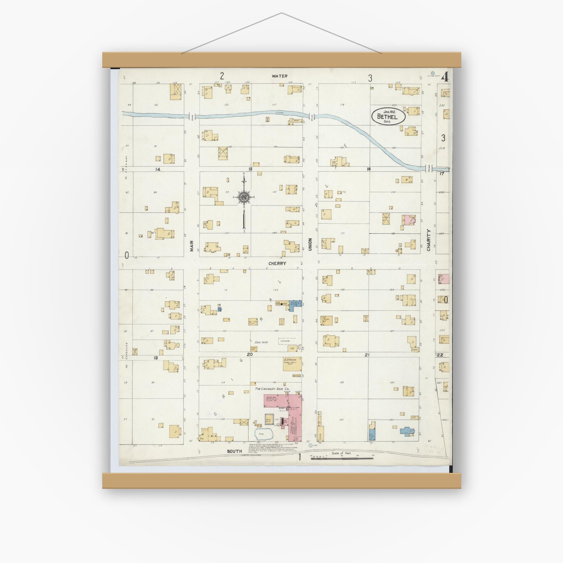 Old map wall art mockup — magnetic wood frame on white wall — Sanborn Fire Insurance Map from Bethel, Clermont County, Ohio (1912), Sheet #0004