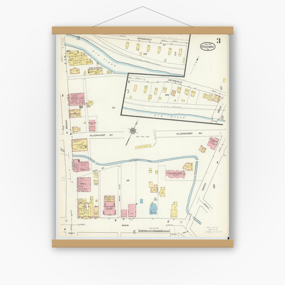 Old map wall art mockup — magnetic wood frame on white wall — Sanborn Fire Insurance Map from Ridgway, Elk County, Pennsylvania (1915), Sheet #0003