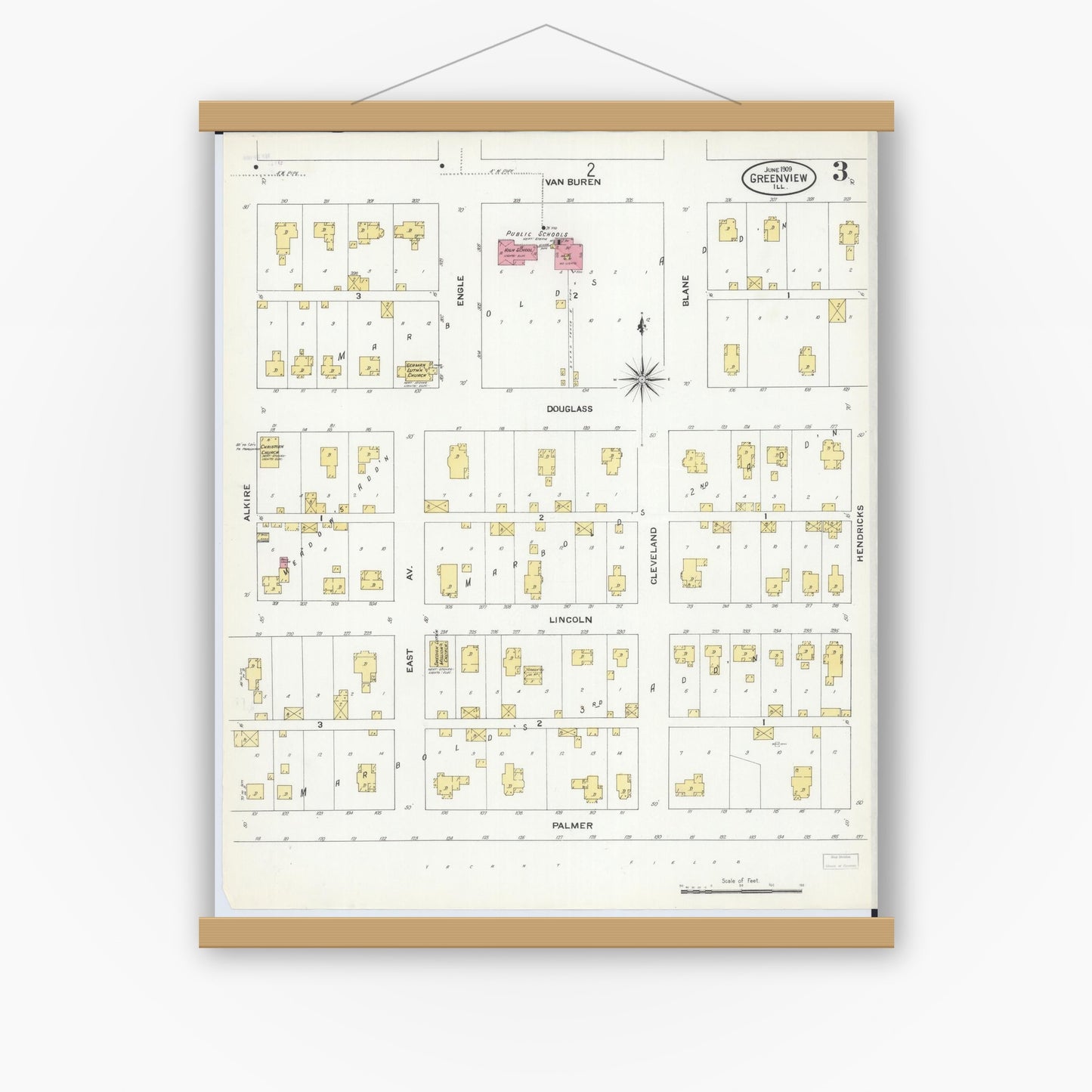 Old map wall art mockup — magnetic wood frame on white wall — Sanborn Fire Insurance Map from Greenview, Menard County, Illinois (1909), Sheet #0003