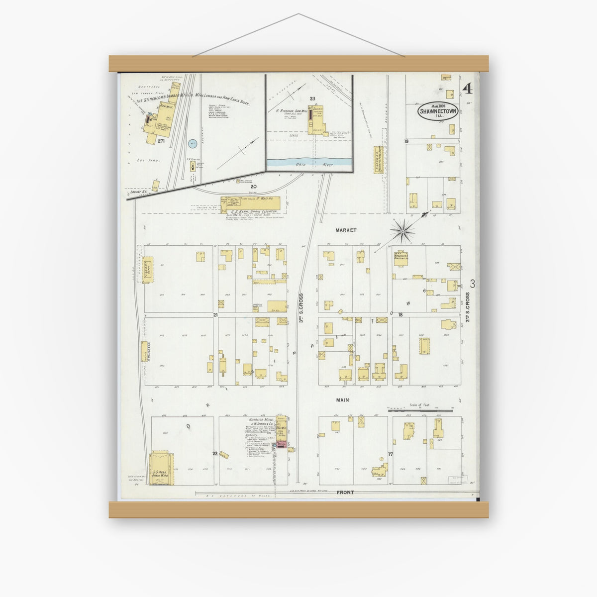 Old map wall art mockup — magnetic wood frame on white wall — Sanborn Fire Insurance Map from Shawneetown, Gallatin County, Illinois (1899), Sheet #0004