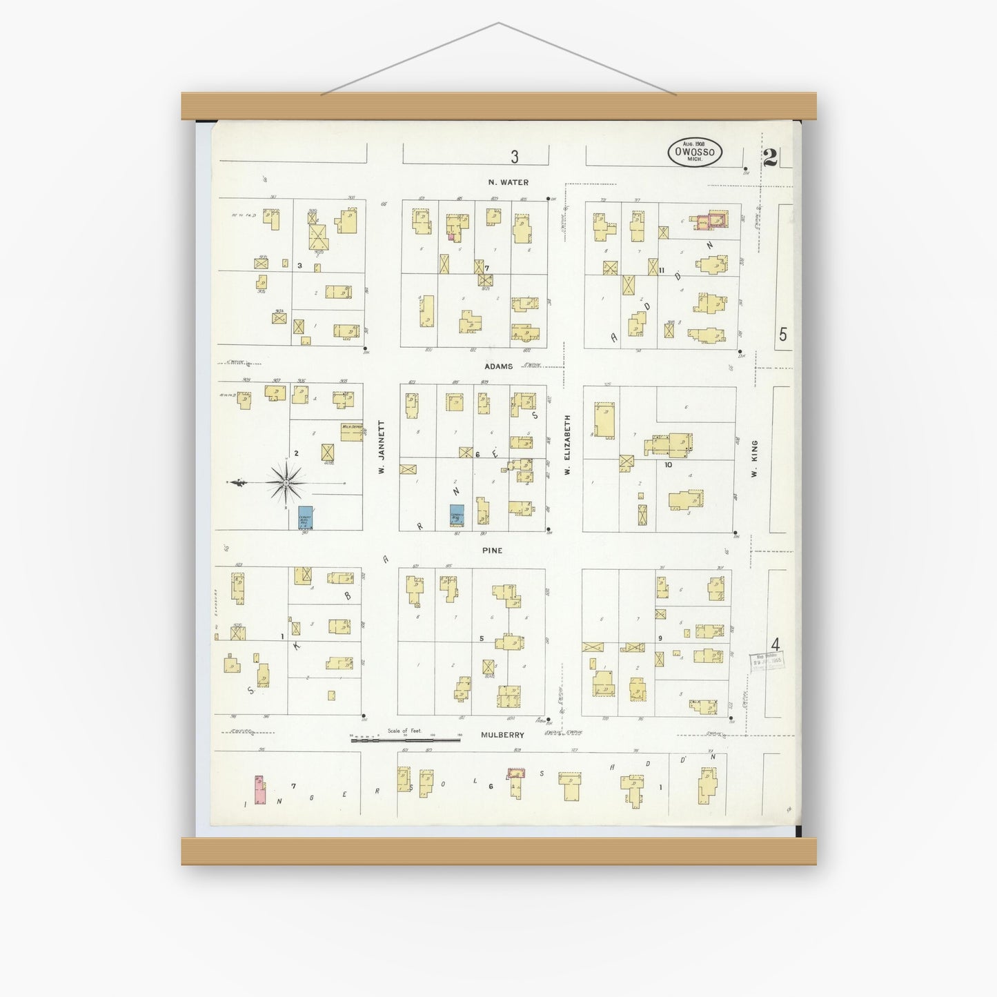 Old map wall art mockup — magnetic wood frame on white wall — Sanborn Fire Insurance Map from Owosso, Shiawassee County, Michigan (1908), Sheet #0002