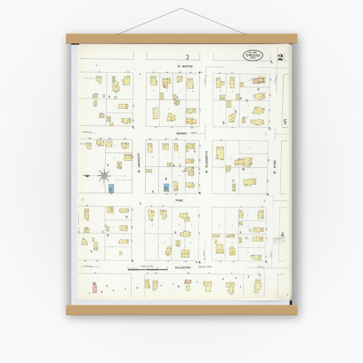 Old map wall art mockup — magnetic wood frame on white wall — Sanborn Fire Insurance Map from Owosso, Shiawassee County, Michigan (1908), Sheet #0002