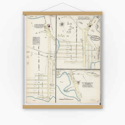 Old map wall art mockup — magnetic wood frame on white wall — Sanborn Fire Insurance Map from Cadillac, Wexford County, Michigan (1884), Sheet #0011