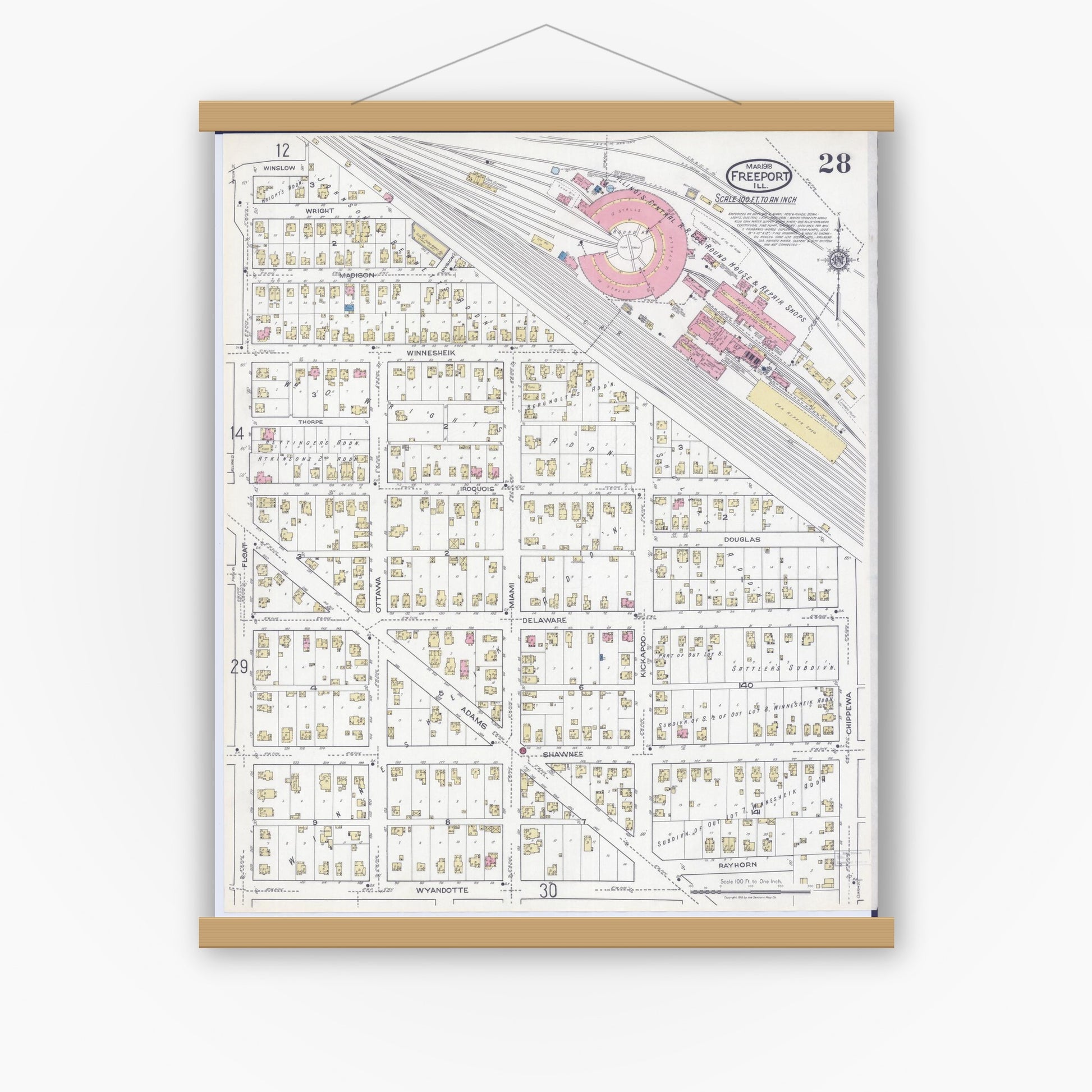 Old map wall art mockup — magnetic wood frame on white wall — Sanborn Fire Insurance Map from Freeport, Stephenson County, Illinois (1918), Sheet #0028