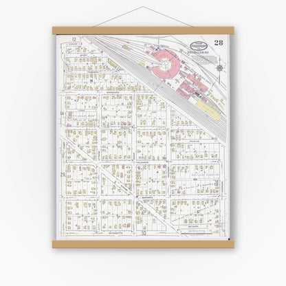 Old map wall art mockup — magnetic wood frame on white wall — Sanborn Fire Insurance Map from Freeport, Stephenson County, Illinois (1918), Sheet #0028