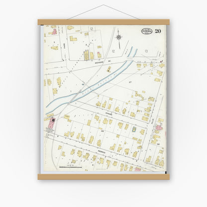 Old map wall art mockup — magnetic wood frame on white wall — Sanborn Fire Insurance Map from Adrian, Lenawee County, Michigan (1916), Sheet #0020