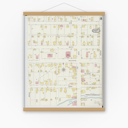 Old map wall art mockup — magnetic wood frame on white wall — Sanborn Fire Insurance Map from Cedarville, Greene County, Ohio (1895), Sheet #0003