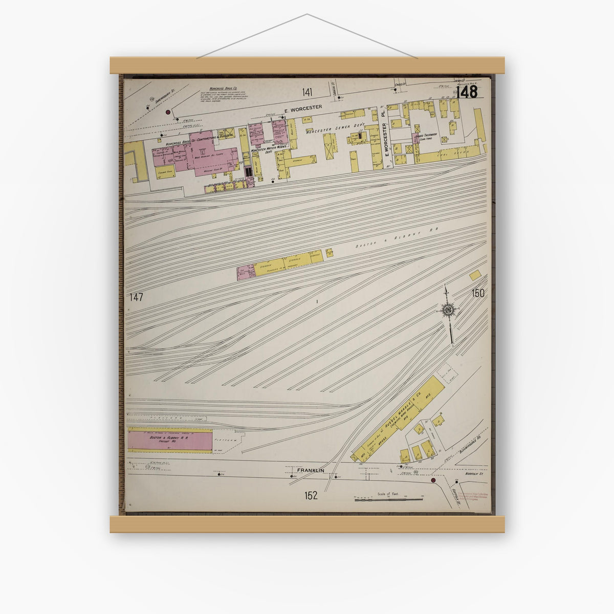 Old map wall art mockup — magnetic wood frame on white wall — Sanborn Fire Insurance Map from Worcester, Worcester County, Massachusetts (1910), Sheet #0148