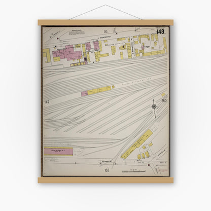 Old map wall art mockup — magnetic wood frame on white wall — Sanborn Fire Insurance Map from Worcester, Worcester County, Massachusetts (1910), Sheet #0148