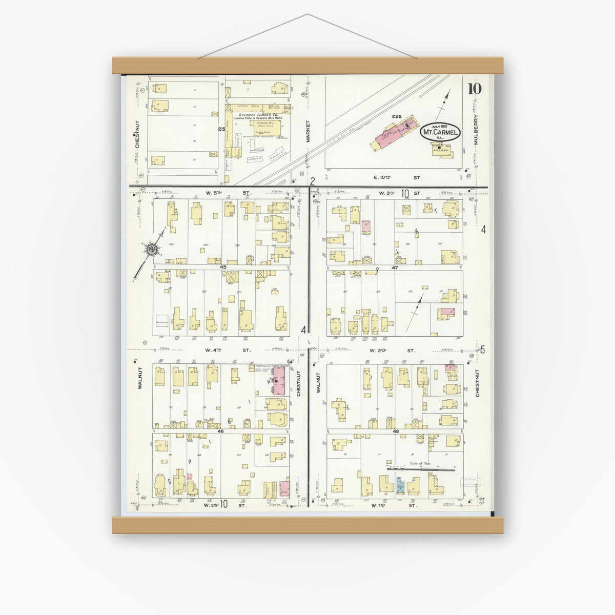 Old map wall art mockup — magnetic wood frame on white wall — Sanborn Fire Insurance Map from Mount Carmel, Wabash County, Illinois (1910), Sheet #0010