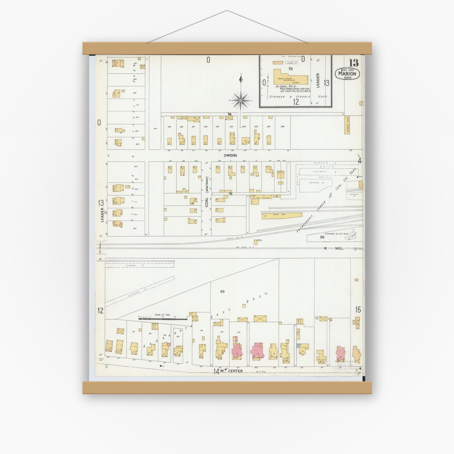 Old map wall art mockup — magnetic wood frame on white wall — Sanborn Fire Insurance Map from Marion, Marion County, Ohio (1900), Sheet #0013