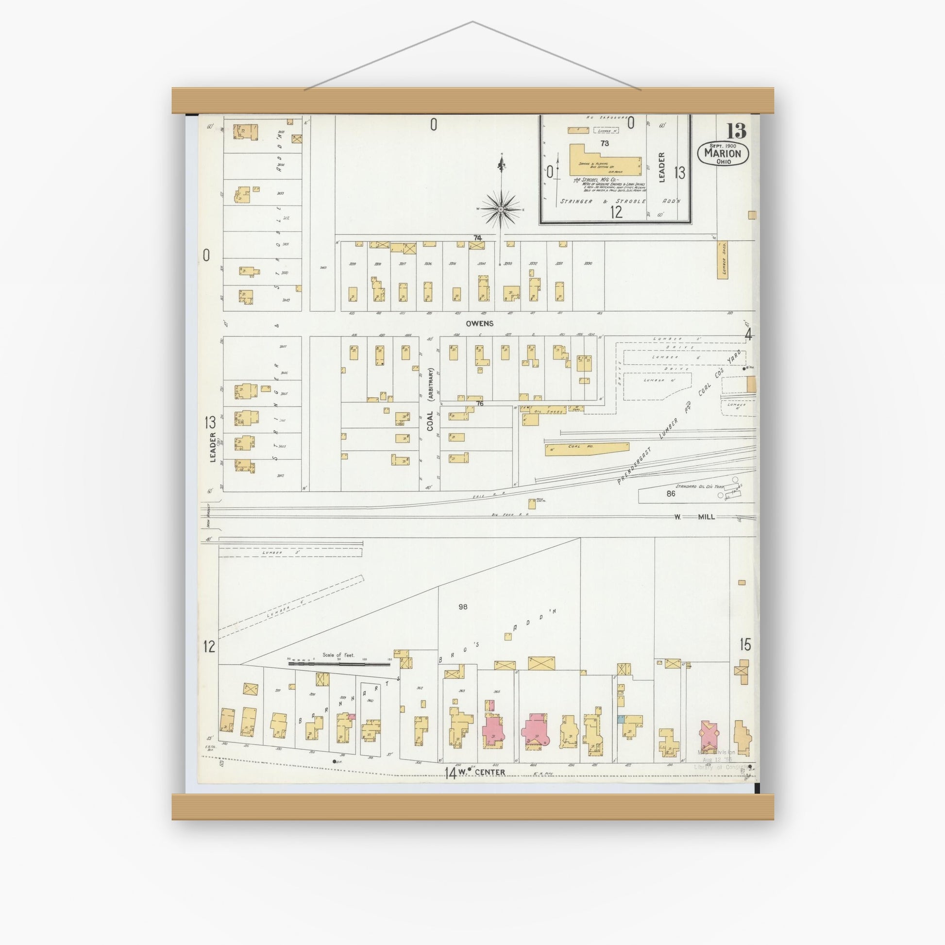 Old map wall art mockup — magnetic wood frame on white wall — Sanborn Fire Insurance Map from Marion, Marion County, Ohio (1900), Sheet #0013