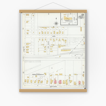 Old map wall art mockup — magnetic wood frame on white wall — Sanborn Fire Insurance Map from Marion, Marion County, Ohio (1900), Sheet #0013