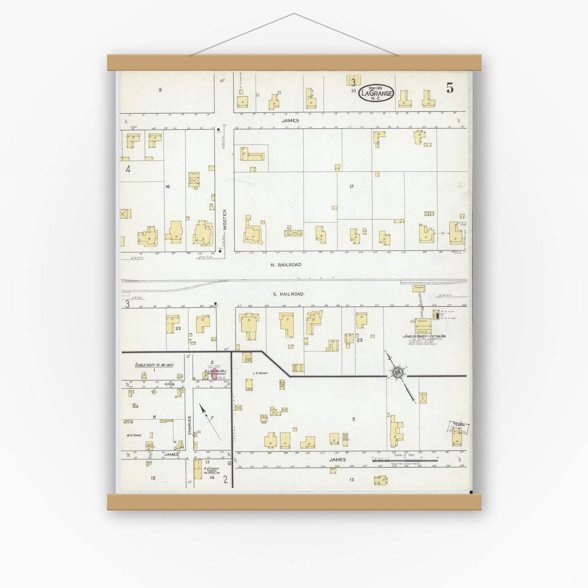 Old map wall art mockup — magnetic wood frame on white wall — Sanborn Fire Insurance Map from La Grange, Lenoir County, North Carolina (1919), Sheet #0005