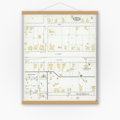 Old map wall art mockup — magnetic wood frame on white wall — Sanborn Fire Insurance Map from La Grange, Lenoir County, North Carolina (1919), Sheet #0005