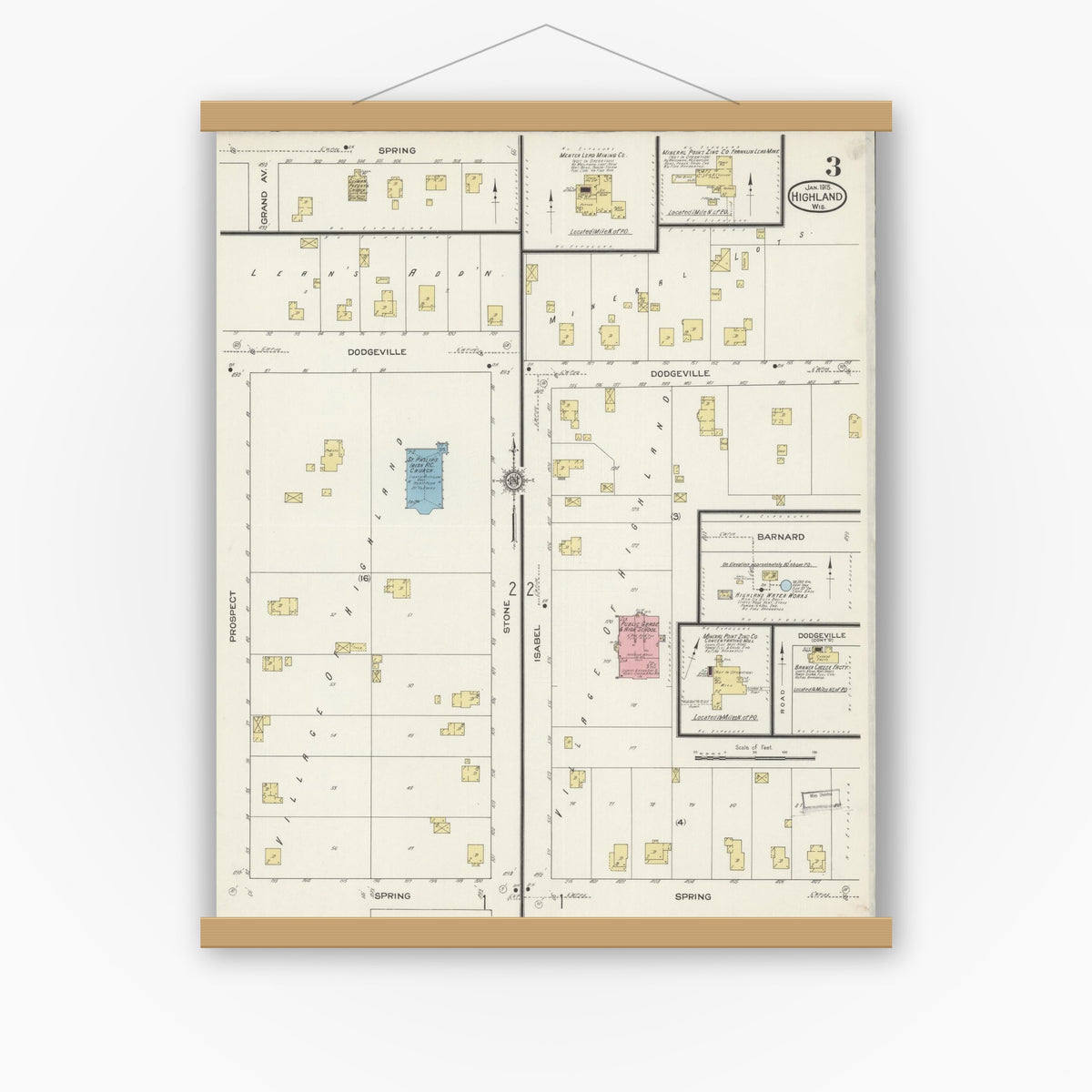 Old map wall art mockup — magnetic wood frame on white wall — Sanborn Fire Insurance Map from Highland, Iowa County, Wisconsin (1915), Sheet #0003