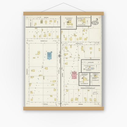 Old map wall art mockup — magnetic wood frame on white wall — Sanborn Fire Insurance Map from Highland, Iowa County, Wisconsin (1915), Sheet #0003