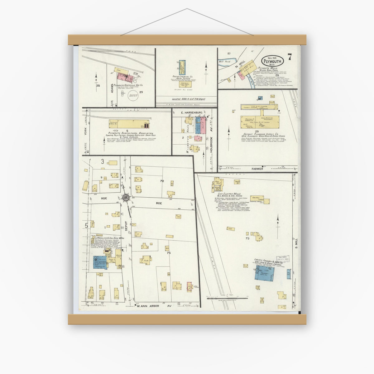 Old map wall art mockup — magnetic wood frame on white wall — Sanborn Fire Insurance Map from Plymouth, Wayne County, Michigan (1918), Sheet #0007