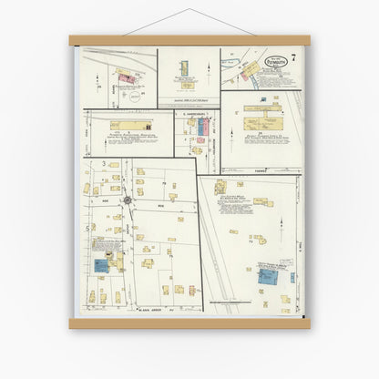 Old map wall art mockup — magnetic wood frame on white wall — Sanborn Fire Insurance Map from Plymouth, Wayne County, Michigan (1918), Sheet #0007