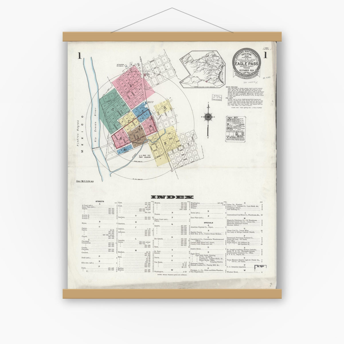 Old map wall art mockup — magnetic wood frame on white wall — Sanborn Fire Insurance Map from Eagle Pass, Maverick County, Texas (1924) - Complete Map Set