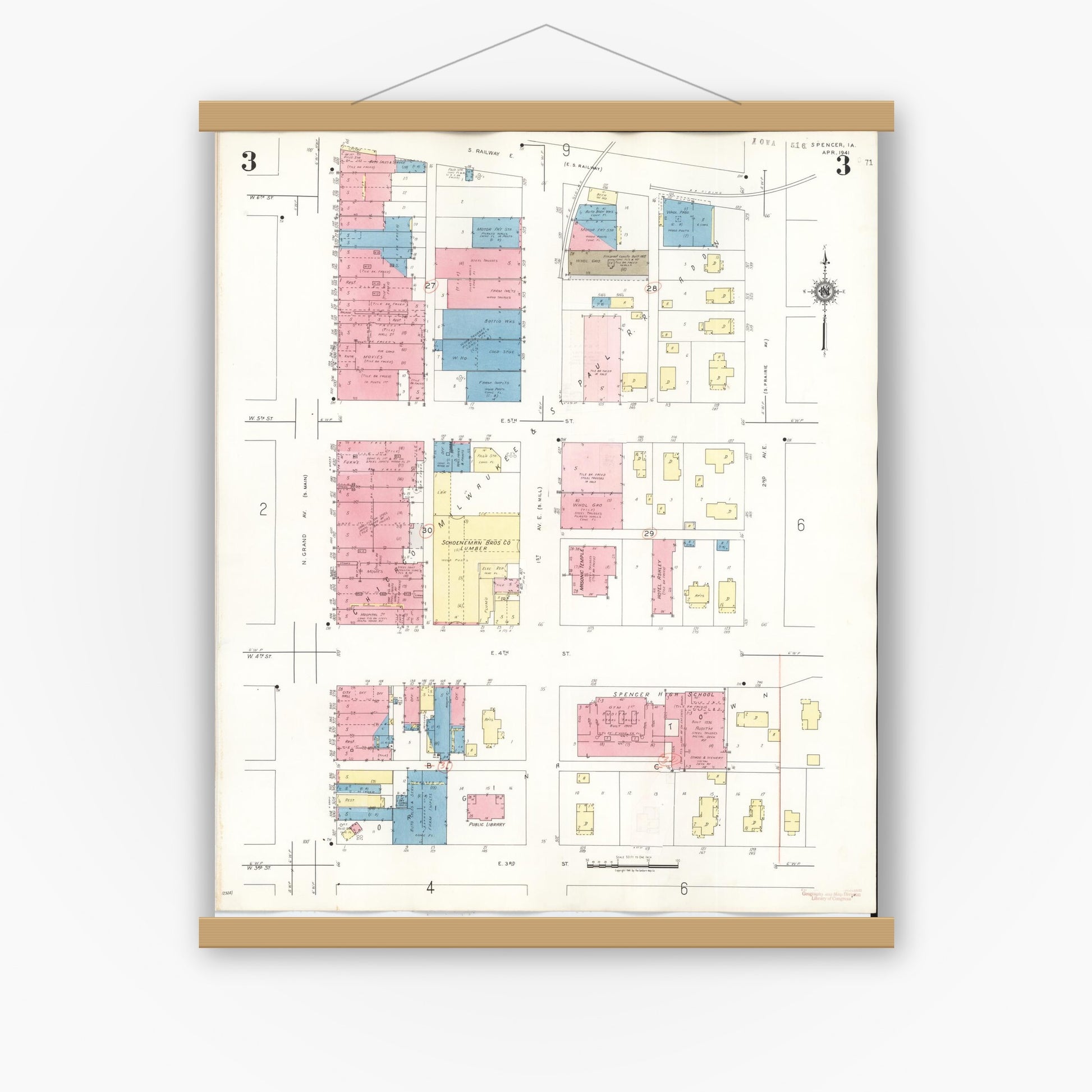 Old map wall art mockup — magnetic wood frame on white wall — Sanborn Fire Insurance Map from Spencer, Clay County, Iowa (1946), Sheet #0003