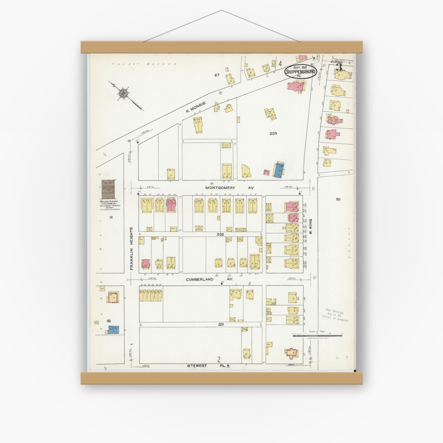 Old map wall art mockup — magnetic wood frame on white wall — Sanborn Fire Insurance Map from Shippensburg, Cumberland And Franklin Counties, Pennsylvania (1921), Sheet #0003