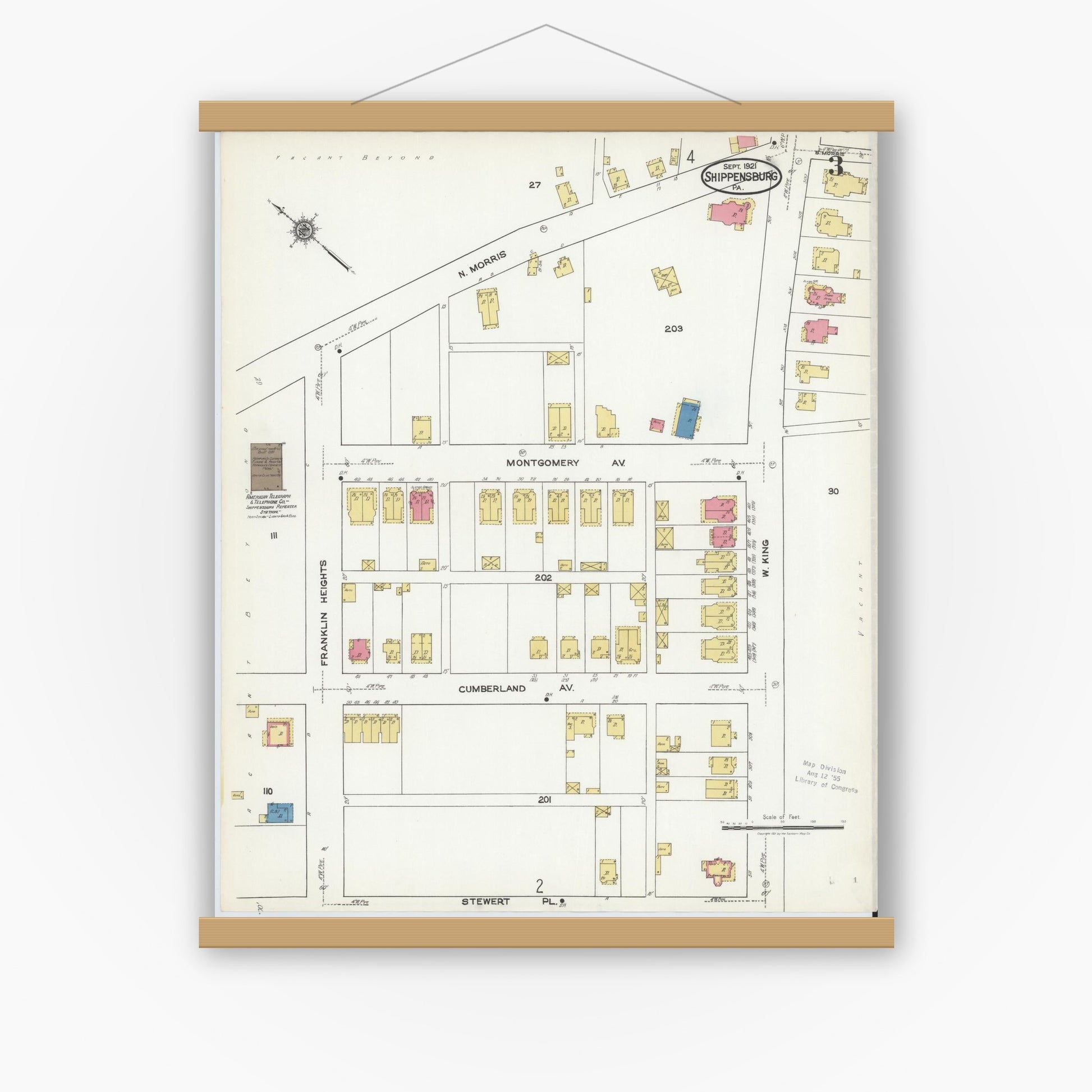 Old map wall art mockup — magnetic wood frame on white wall — Sanborn Fire Insurance Map from Shippensburg, Cumberland And Franklin Counties, Pennsylvania (1921), Sheet #0003